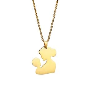 Stainless Steel Gold Tone Mother and Child Cut Metal Pendant Necklace
